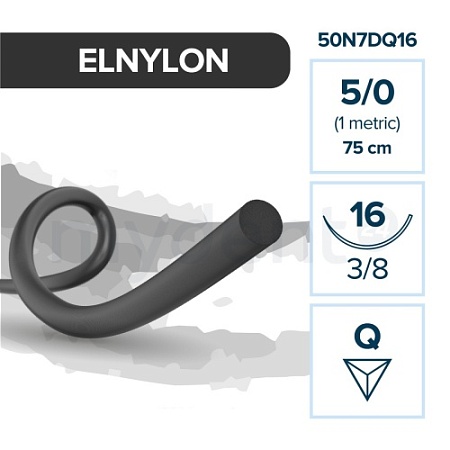 Мононить ELNYLON нерассасывающаяся 5/0 (12 шт, 75 см, 3/8, 16 мм, обратно-режущая) 50N7DQ16 
